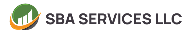 The logo for sba services llc is a green and orange circle with a graph on it.