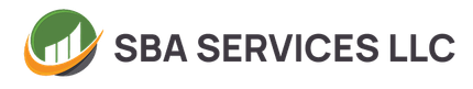 The logo for sba services llc is a green and orange circle with a graph on it.