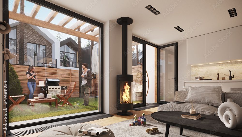 Un salon moderne avec des portes ouvertes donnant sur un barbecue dans le jardin. Des convives discutent autour d'un grill, avec une cheminée à l'intérieur.
