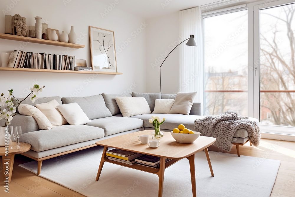 Un salon lumineux et moderne avec un canapé d'angle gris, une table basse en bois et une grande fenêtre. Des étagères accueillent livres et objets de décoration.