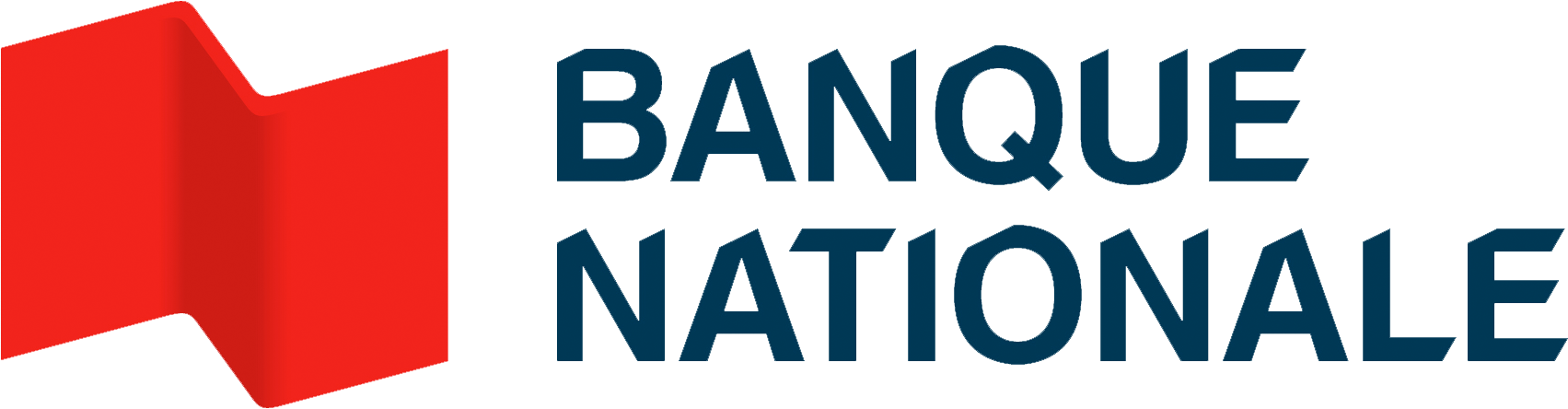 Logo de la Banque Nationale, comportant une forme abstraite rouge et un texte bleu foncé sur fond blanc.