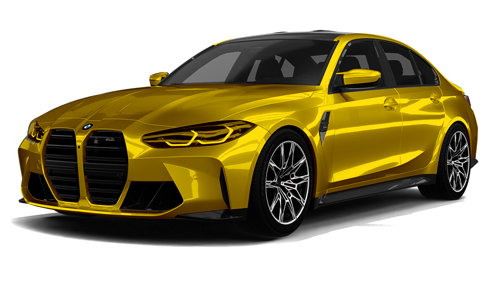 Yellow BMW sports sedan on a white background, front three-quarter view