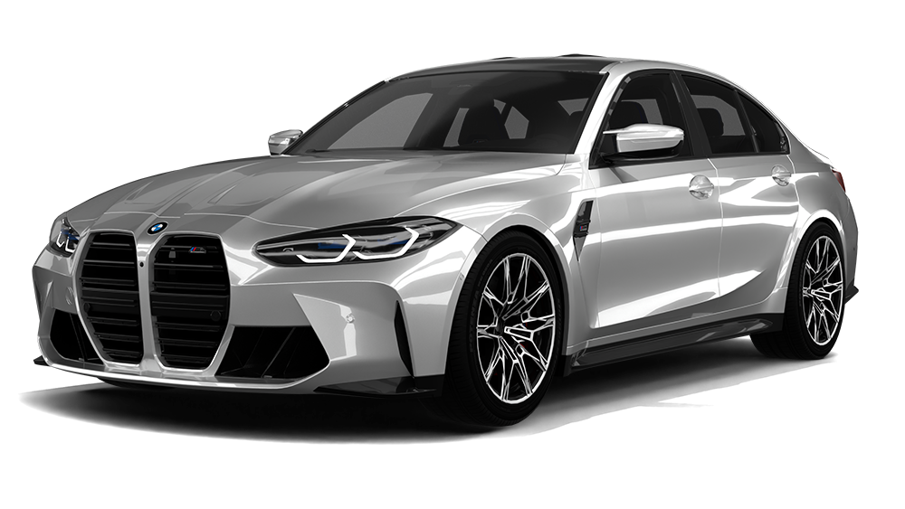 Silver BMW sedan on a white background, shown in front three-quarter view