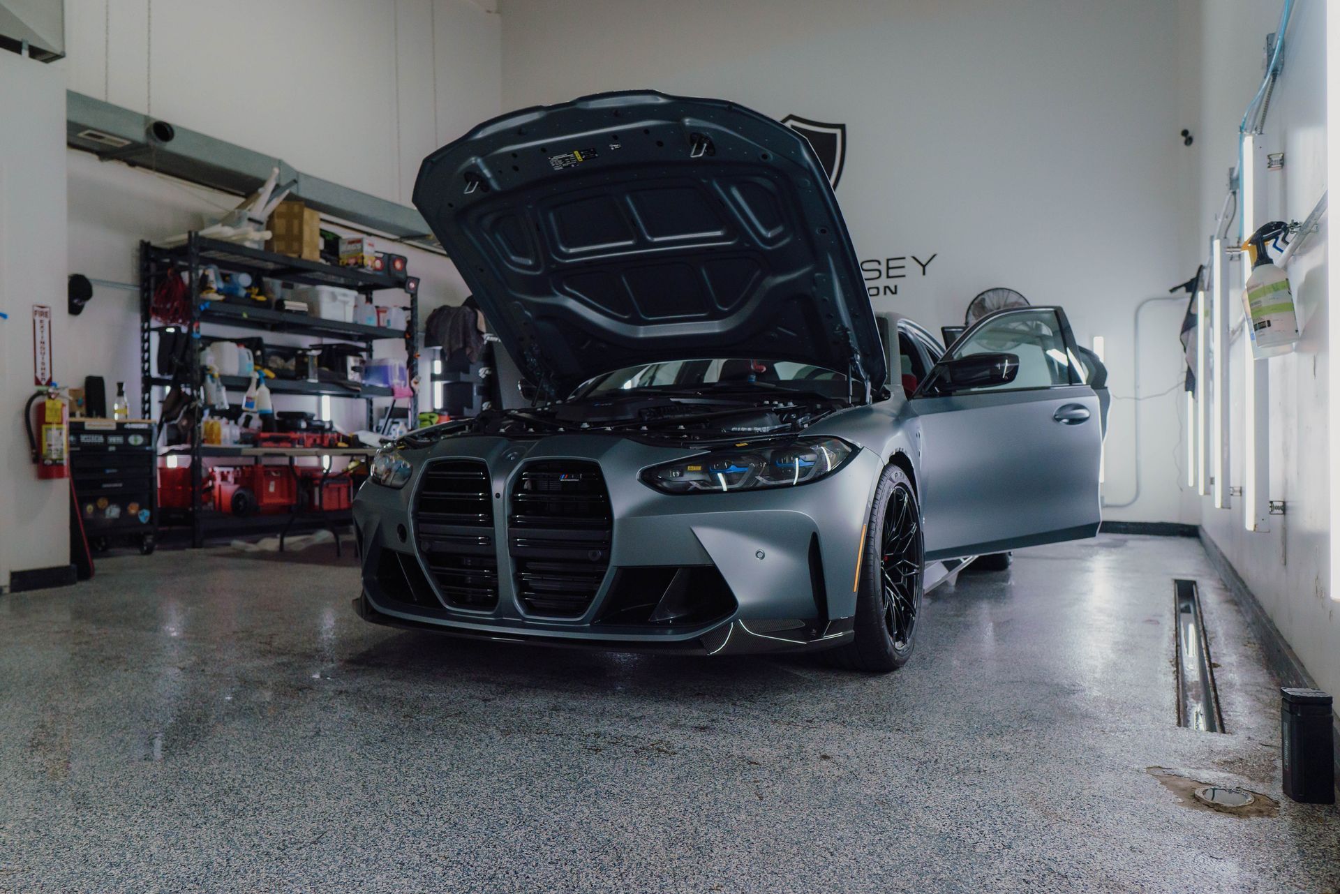 BMW M3 Competition in Frozen Gray getting matte paint protection film (PPF), ceramic coating, and window tint installed
