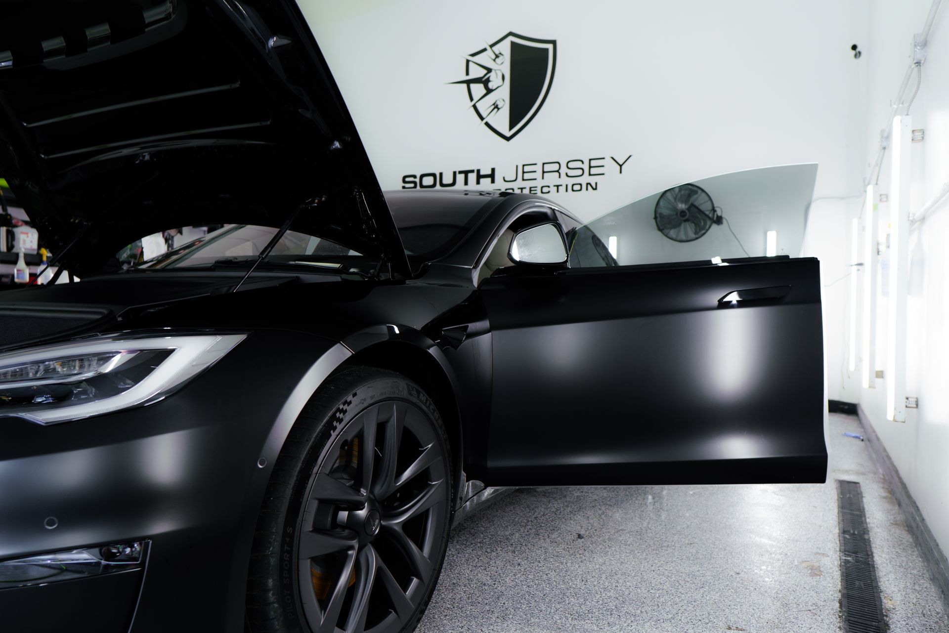 Tesla Model S Plaid getting wrapped in matte paint protection film (PPF) and ceramic coating installation