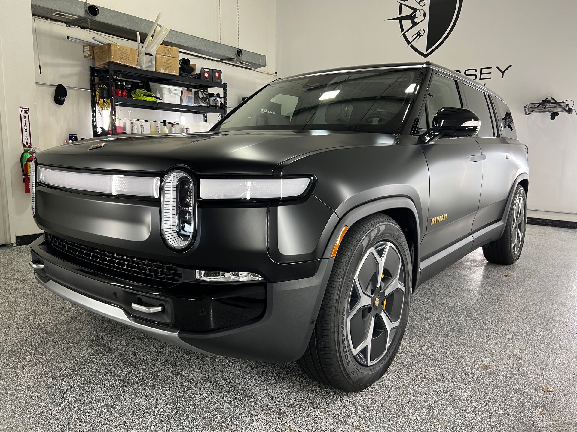 Rivian R1S getting full body matte paint protection film application by Suntek and a ceramic coating application by GTECHNIQ
