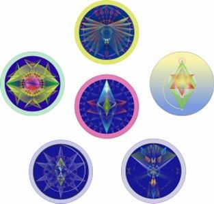 Seven colorful, circular mandalas with geometric designs against varying blue and pastel backgrounds.