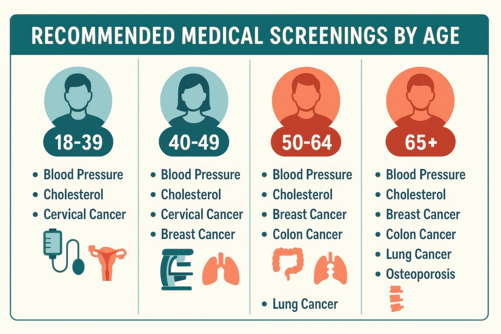 Medical screening recommendations by age: 18-39, 40-49, 50-64, 65+. Includes blood pressure, cholesterol, and cancer screenings.