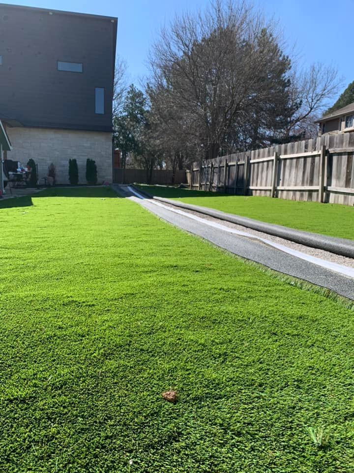 Green lawn with a black path, a fence, and a tree.