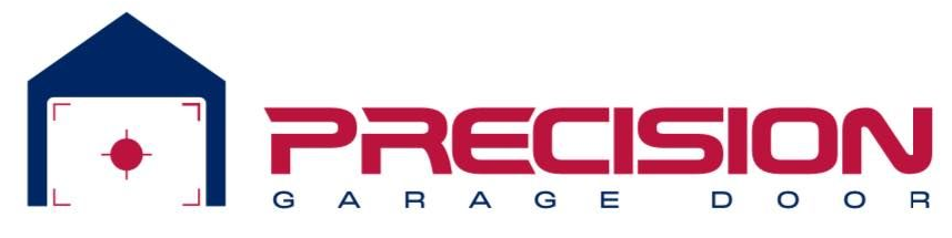 Logo of Precision Garage Door, with blue garage image and red text.