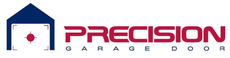 Logo of Precision Garage Door, with blue garage image and red text.