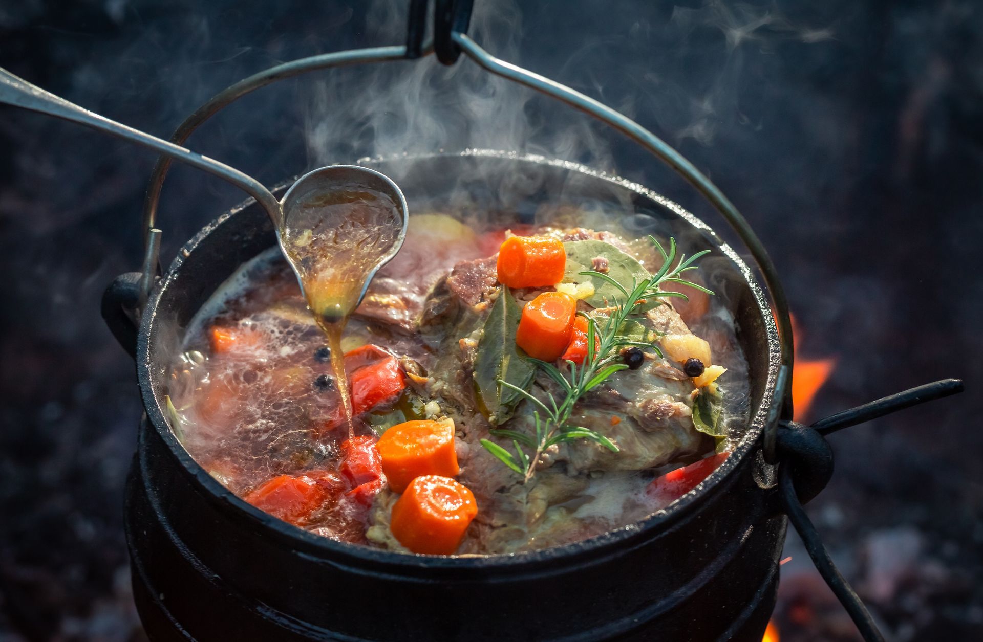 A pot of food is being cooked over a fire.