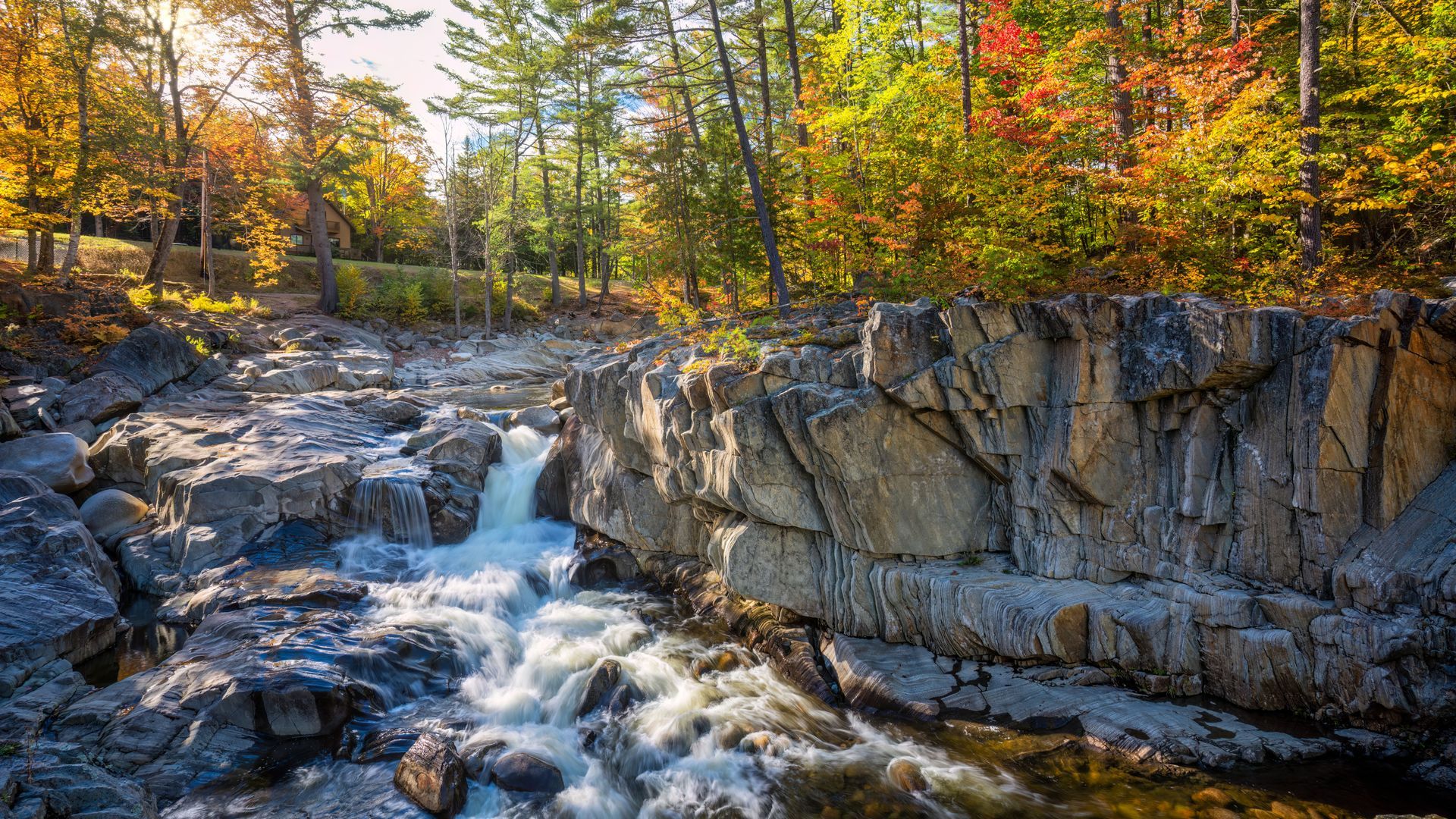 A waterfall is surrounded by rocks and trees in the middle of a forest.