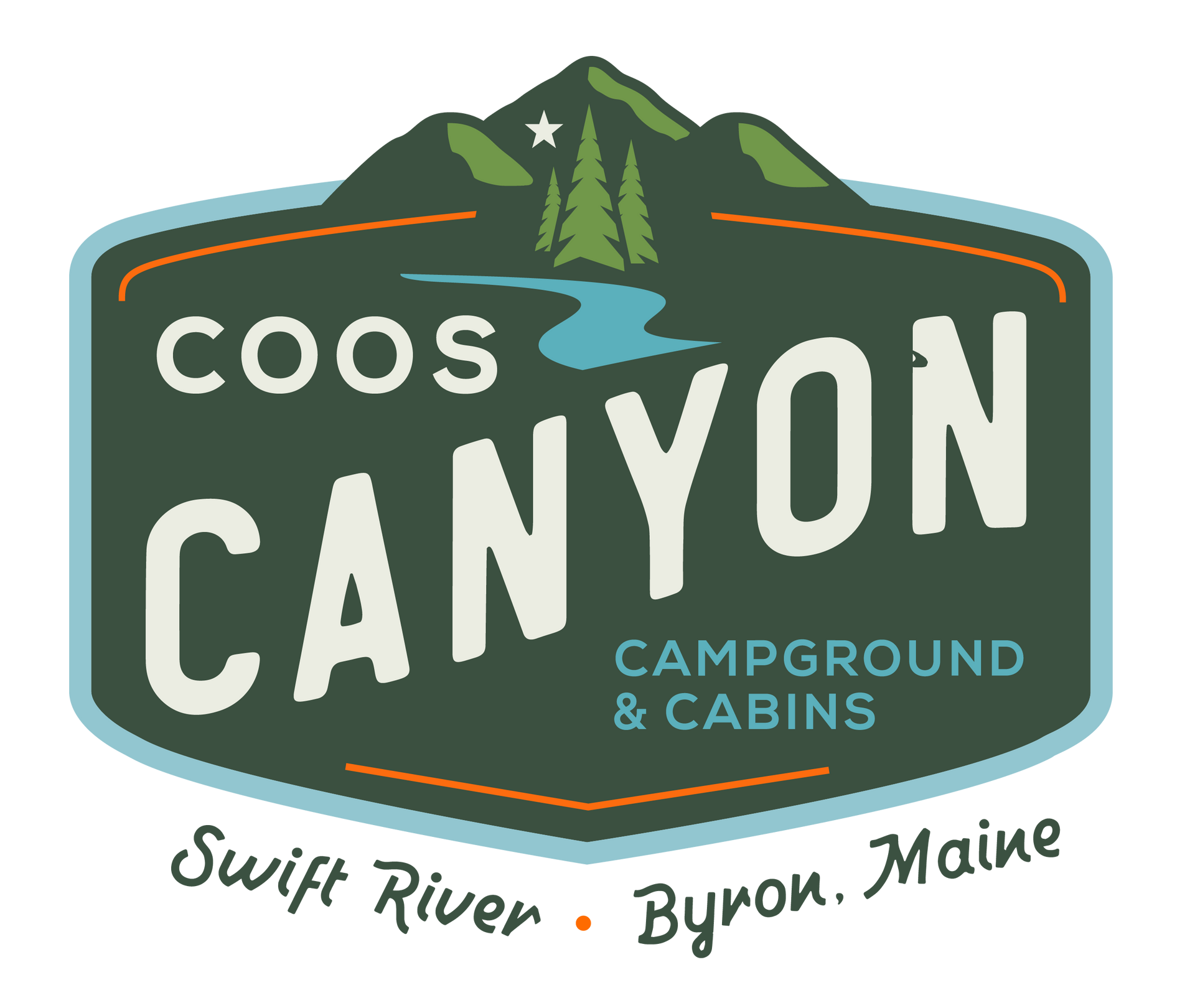 Coos Canyon Campground & Cabins logo: mountains, river, pine trees, and text on a green and blue background.