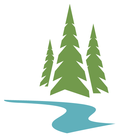 The trees are green and the river is blue.