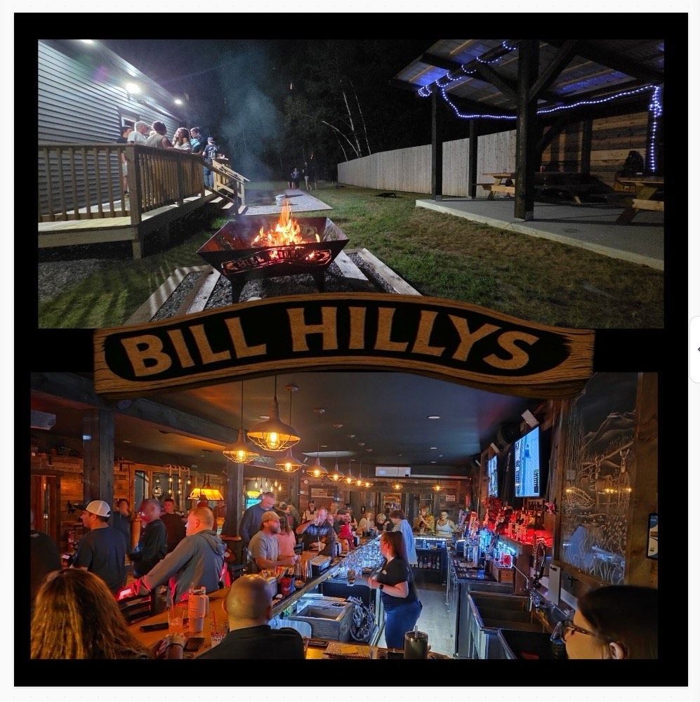 Bill Hilly's bar exterior/interior. Fire pit, outdoor seating, and indoor bar with patrons and staff. Lit at night.