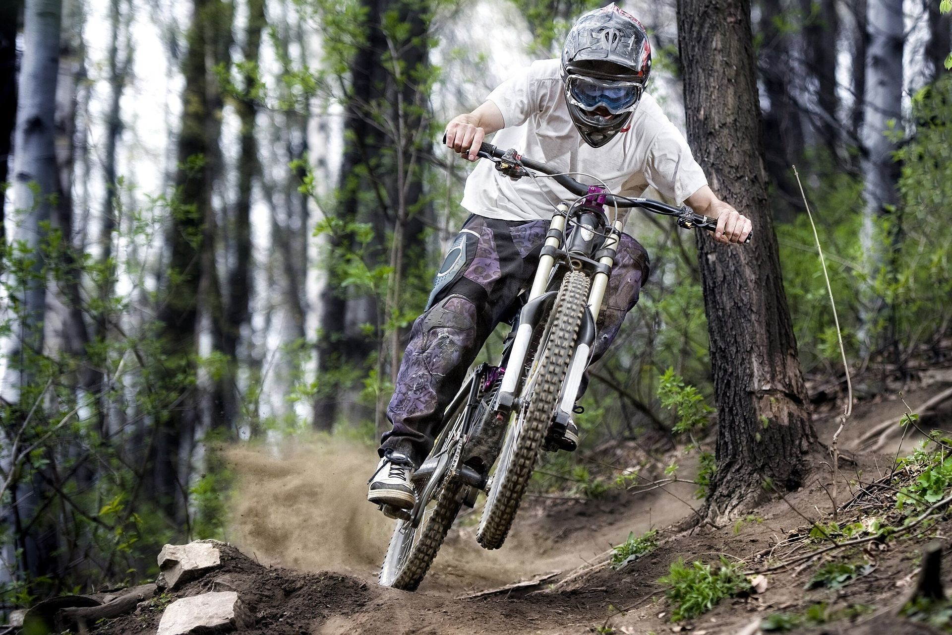 A man is riding a mountain bike down a trail in the woods.
