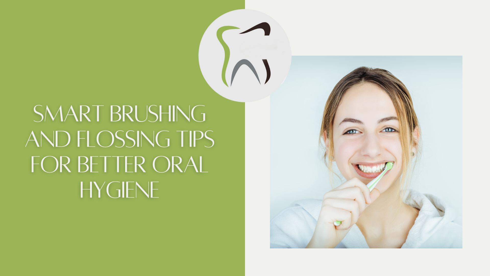 Woman brushing teeth, happy expression. Green background with text:
