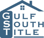 Logo for Gulf South Title featuring a blue house outline with white text: