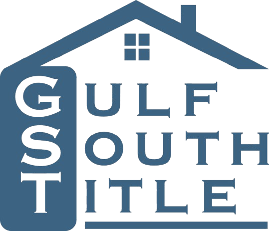 Logo for Gulf South Title featuring a blue house outline with white text: