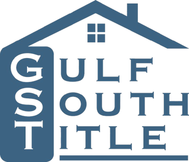 Logo for Gulf South Title featuring a blue house outline with white text: