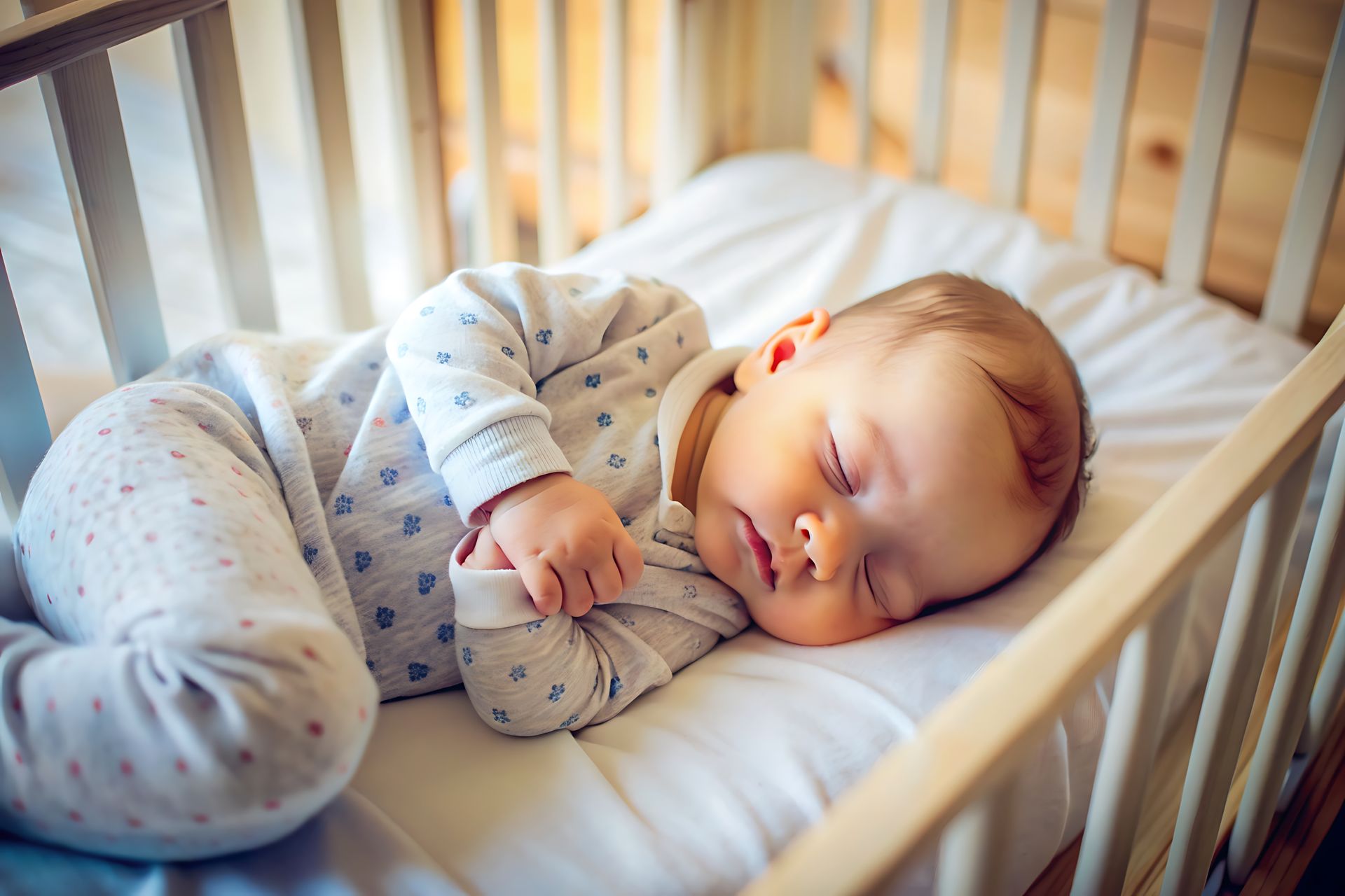 Sleeping baby in a crib, wearing a onesie.