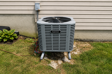 Outdoor HVAC air conditioner unit beside a house wall, on grass with visible pipes and wiring.