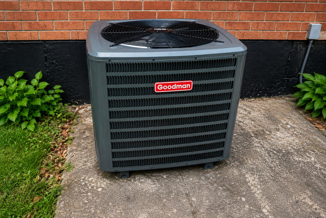 Goodman outdoor air conditioner unit beside a brick house on a concrete pad