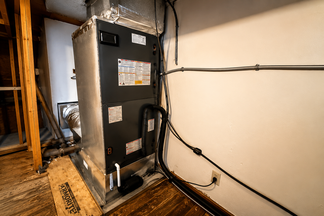 Basement utility room with a large black HVAC/furnace unit beside white walls and wood flooring.