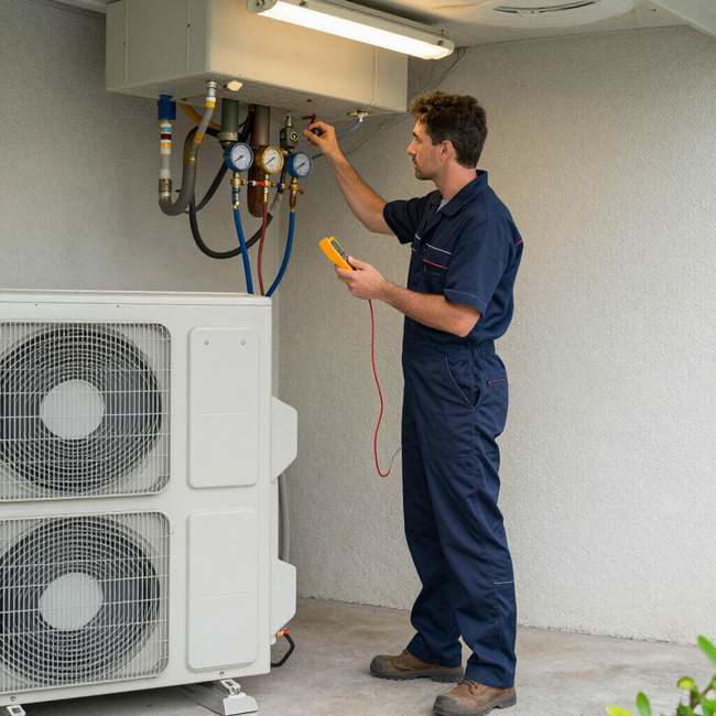 Technician servicing outdoor HVAC unit with gauges and tools beside a wall-mounted system