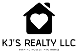 Logo for KJ'S REALTY LLC featuring a black house icon with a heart cutout, with the slogan