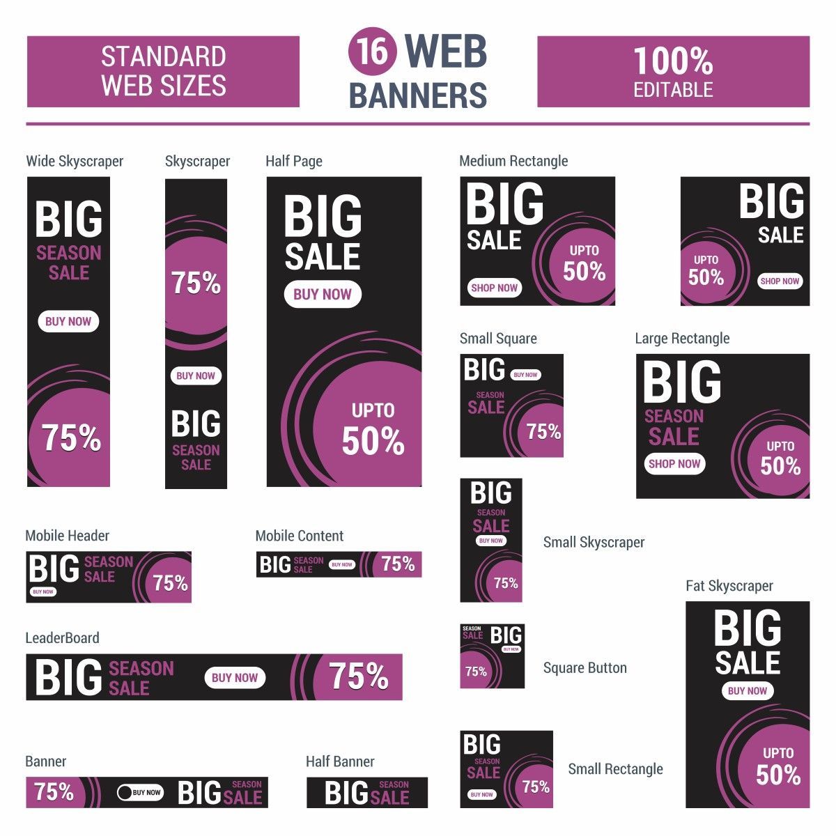 A set of 16 web banners for sale in different sizes.