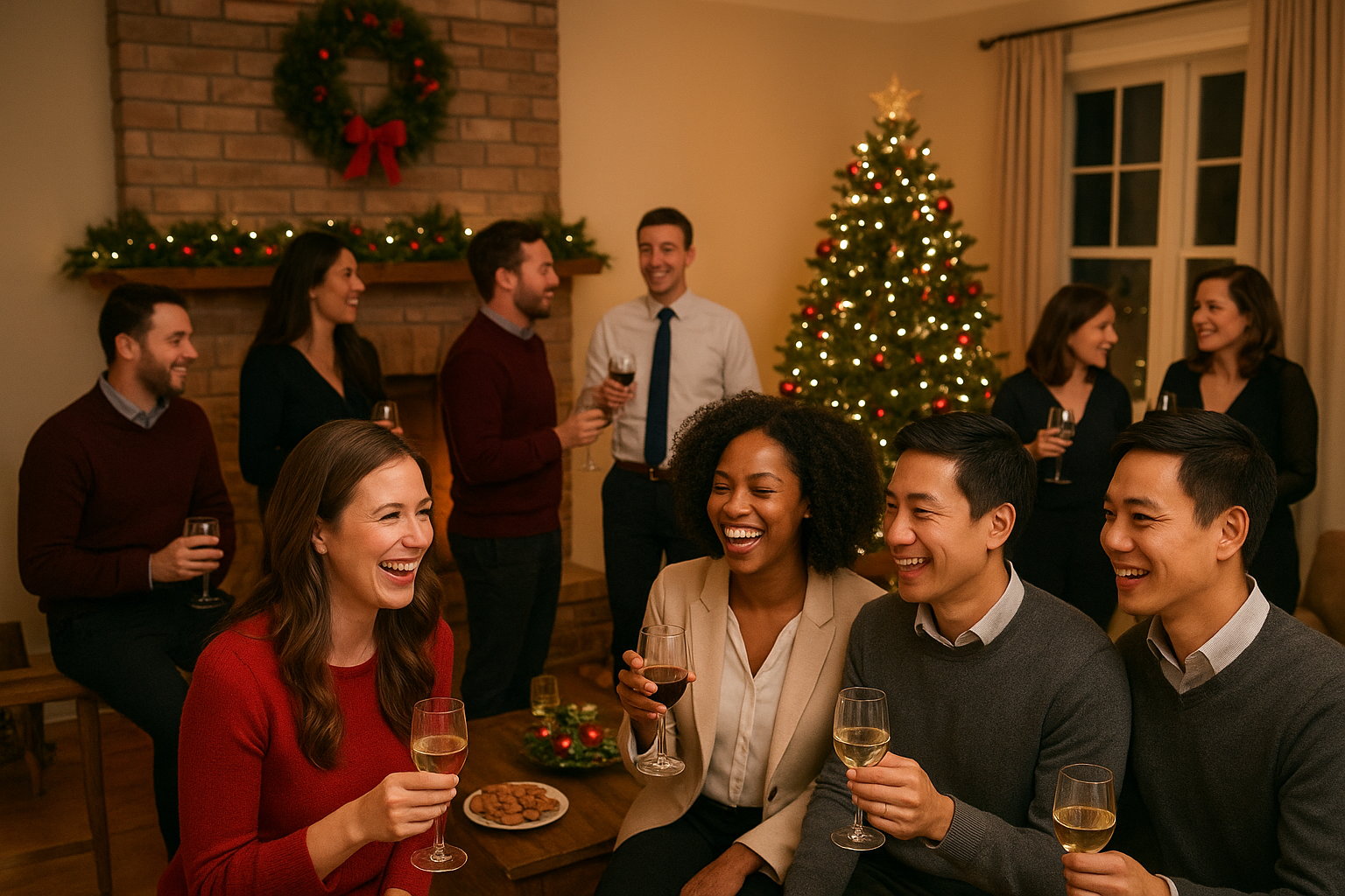 Friends chatting at a cozy holiday party with drinks and a lit Christmas tree.