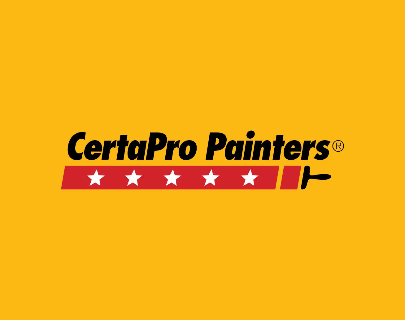 CertaPro Painters logo on yellow background: black text, red bar with stars, paintbrush icon.