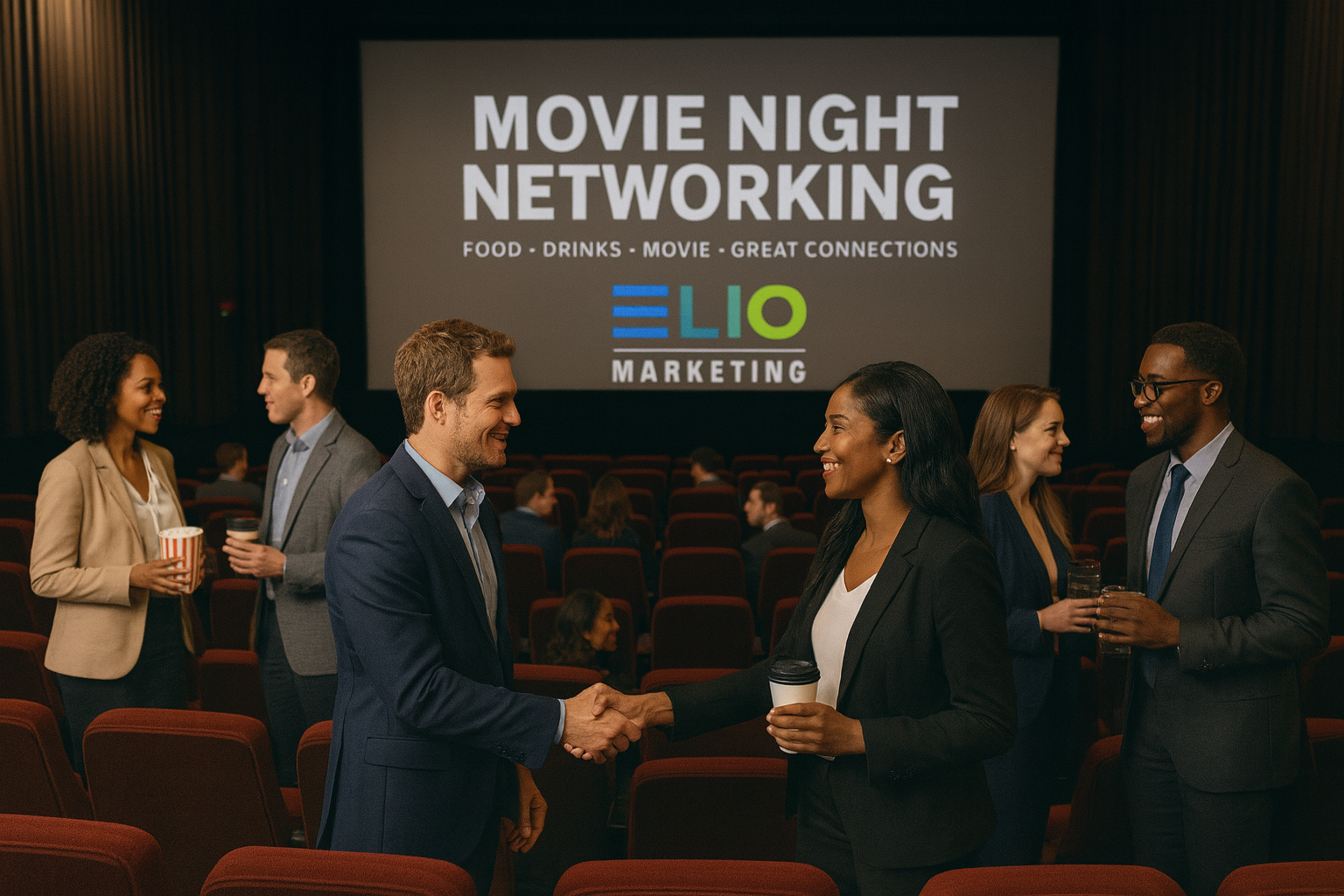 Movie Night Networking event banner with people mingling in a dimly lit theater lobby