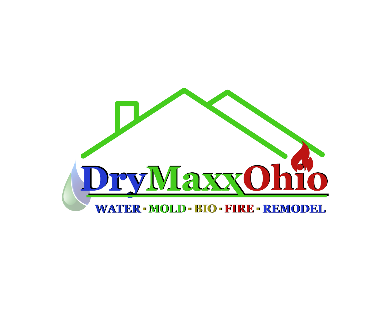 A logo for dry max ohio , a company that does water , mold , bio - fire , and remodel.