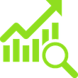 A green icon of a graph with an arrow and a magnifying glass.