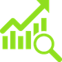 A green icon of a graph with an arrow and a magnifying glass.