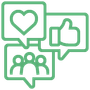 A group of people are talking in speech bubbles with a heart and thumbs up.