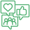 A group of people are talking in speech bubbles with a heart and thumbs up.