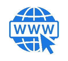 A blue icon of a globe with the word www and a mouse arrow pointing to it.