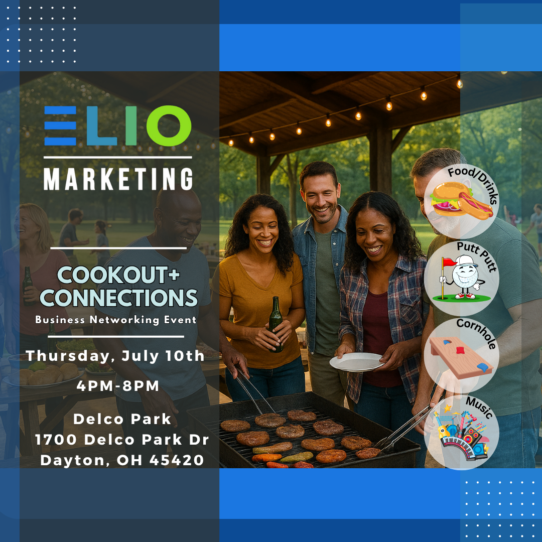 Poster for Elio Marketing event: Cookout + Connections, at Delco Park, Dayton. People grilling, interacting.