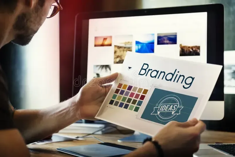 A man is holding a piece of paper with the word branding on it in front of a computer.