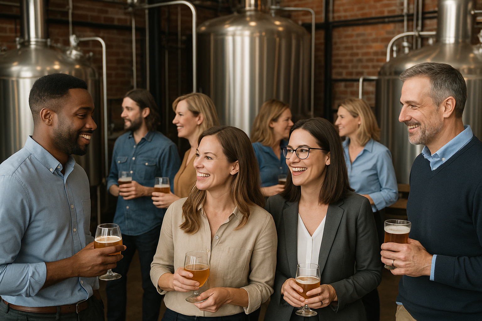 People socializing, drinking beer in brewery, stainless steel tanks visible.