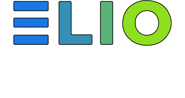 A blue and green ellio logo on a white background