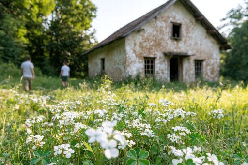 Two people are walking in a field of white flowers in front of an old house.