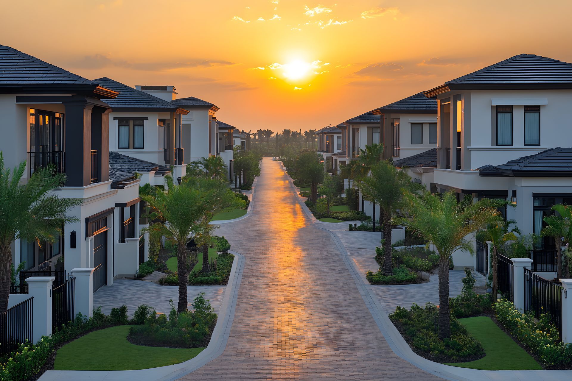 The sun is setting behind a row of houses