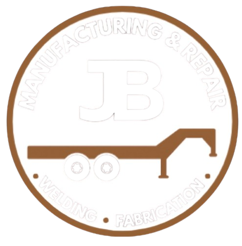 Brown circular logo with white text and graphic: "JB" over a trailer. "Manufacturing & Repair" at the top, "Welding &bull; Fabrication" at the bottom.