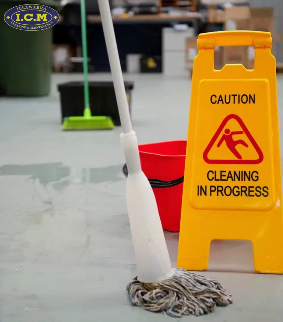 A Yellow Sign That Says Caution Cleaning In Progress — Illawarra Cleaning & Maintenance In Dapto, NSW