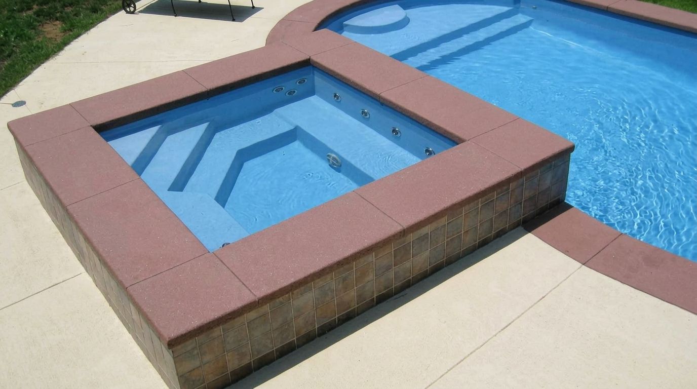Small square blue wading pool with tan stone surround in a sunny outdoor plaza